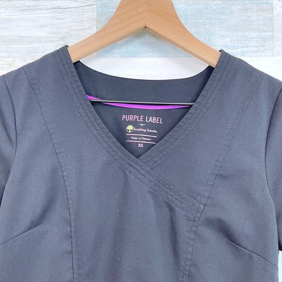 Healing Hands Purple Label Jordan Mock Wrap Scrub Top Black 2172 Womens XS - Picture 2 of 6